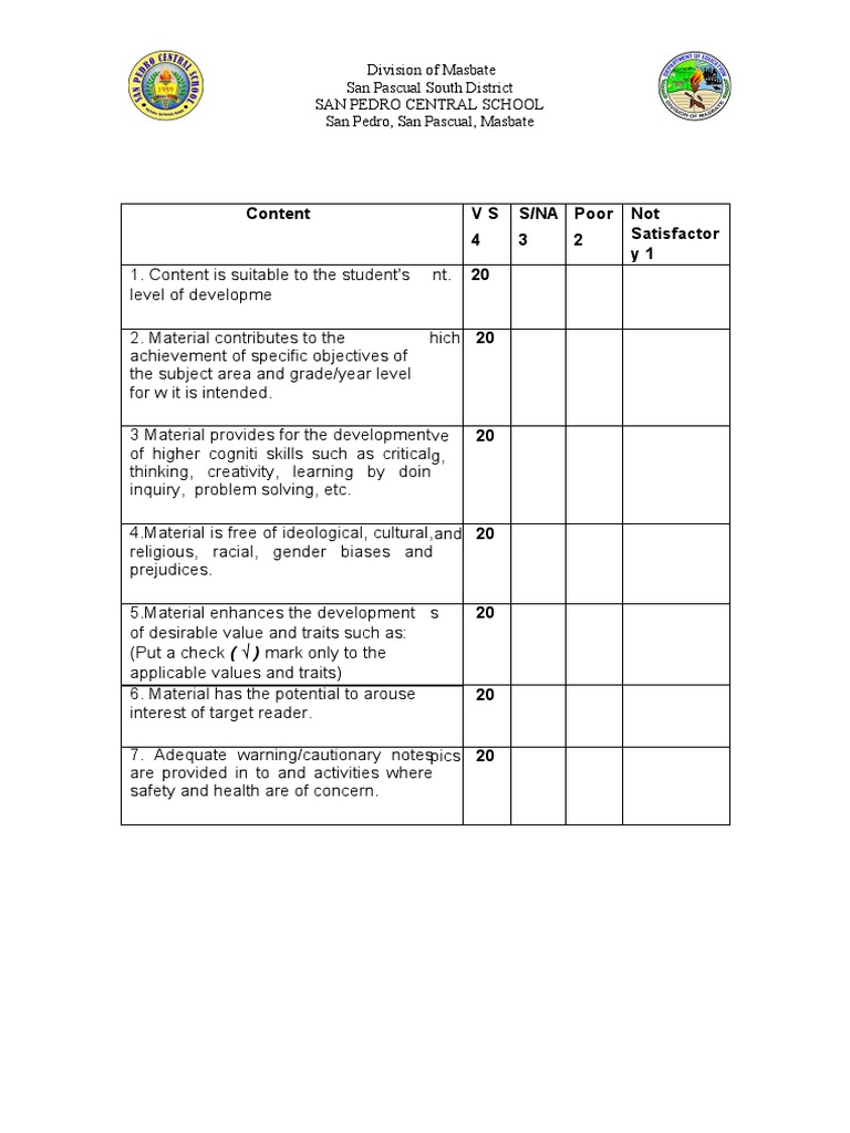 Evaluation Rating Sheet for Learning Materials | PDF | Learning | Bias