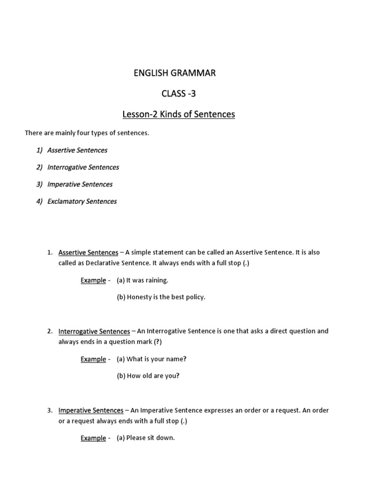 Types of Sentences for Class 3 | PDF