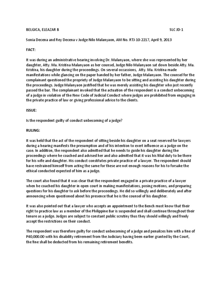 Judge Malanyaon Conduct Case Ruling | PDF | Practice Of Law | Lawyer