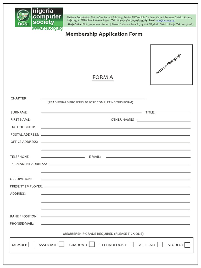 Nigeria Computer Society Membership Form | PDF | Academic Degree | Diploma