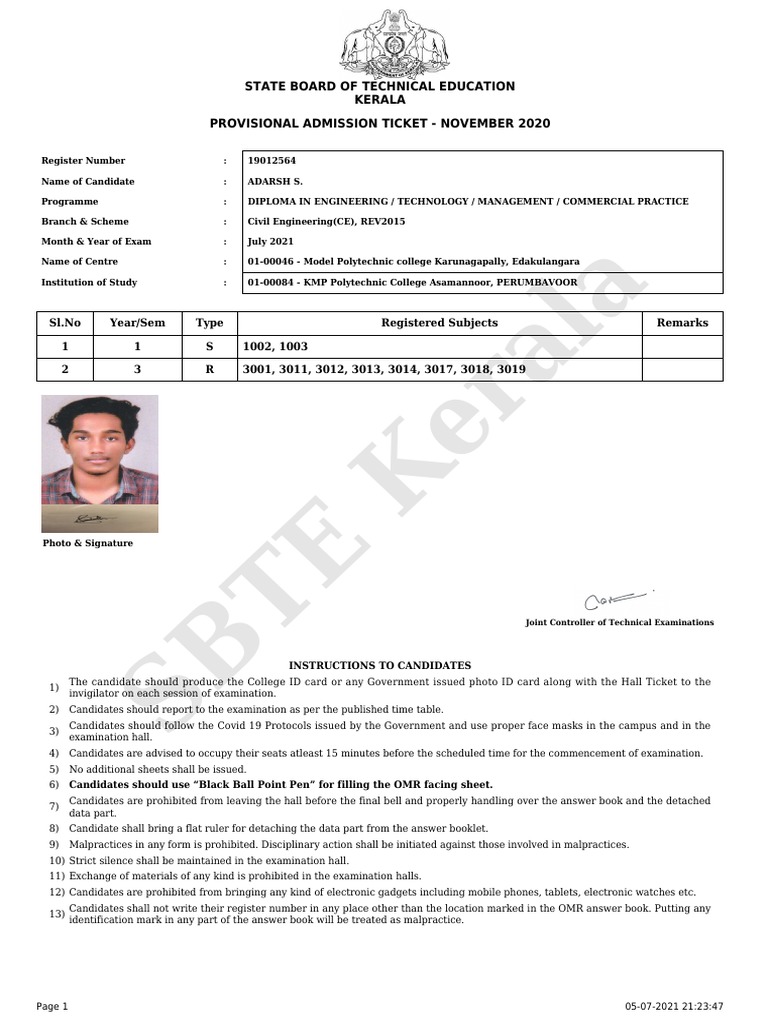 SBTE Kerala State Board of Technical Education Kerala Provisional