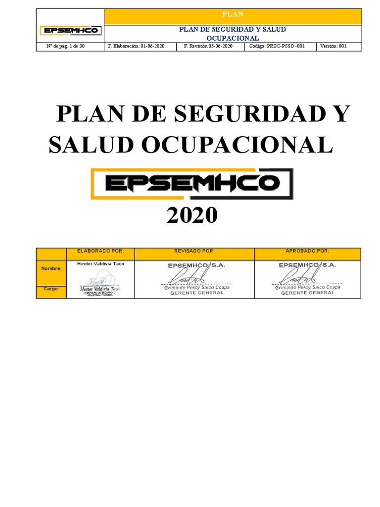 Plan de Seguridad y Salud Ocupacional 2020 | PDF | Seguridad y salud ...