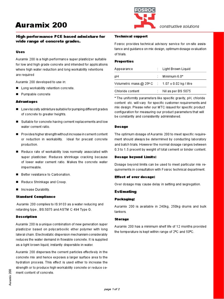 Auramix 200: High Performance Admixture | PDF | Concrete | Cement