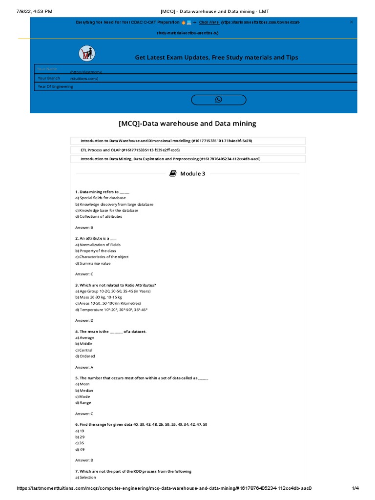 Data Warehouse & Mining MCQs | PDF | Data Warehouse | Data Mining