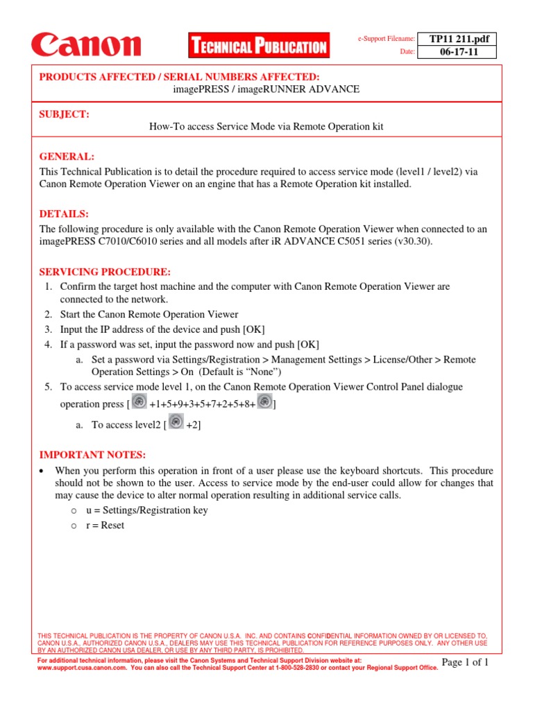 How to Access Service Mode on Canon imagePRESS and imageRUNNER ADVANCE Models via Remote