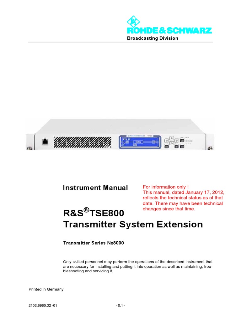R&S TSE800 Transmitter System Extension: Instrument Manual | PDF