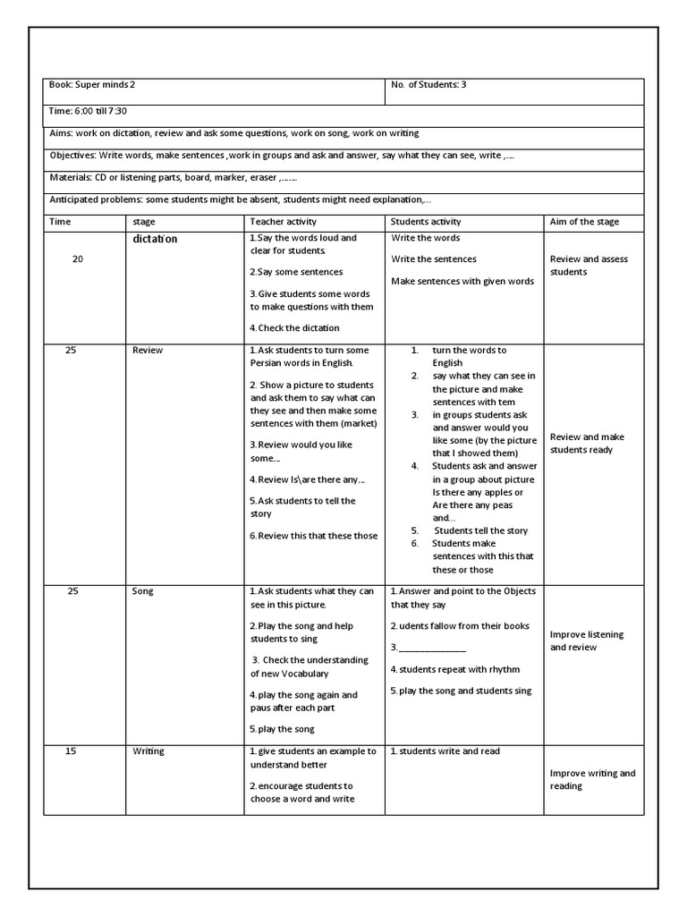 Super Minds 2 Lesson Plan (Sub) PDF | PDF | Education Theory | Applied ...