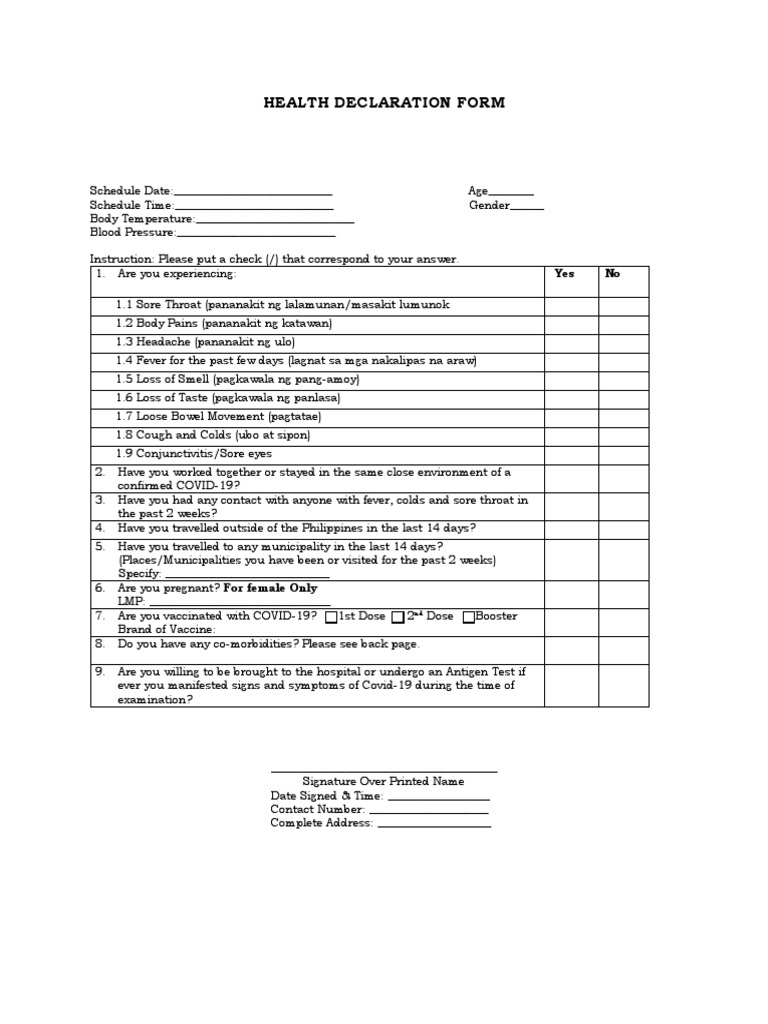 Health Declaration Form: Yes No | PDF