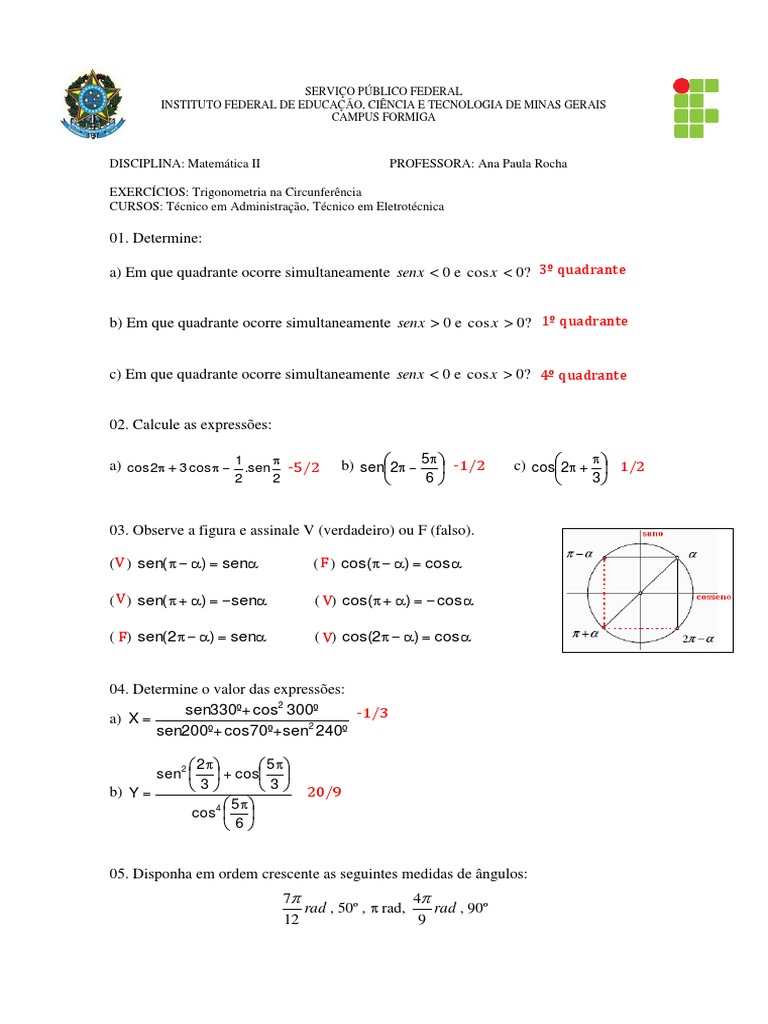 Exercícios de Trigonometria na Circunferência | PDF | Curva | Ângulo