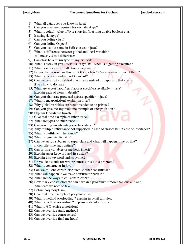 Java Placement Questions for Freshers | PDF | Class (Computer ...