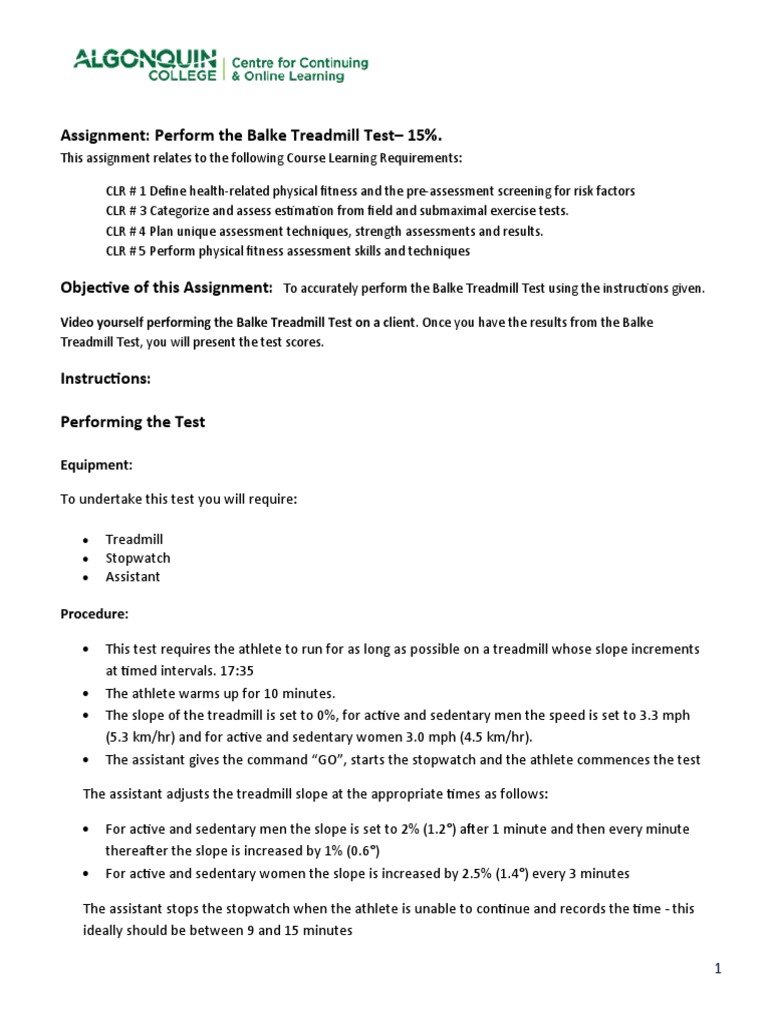 Assignment Balke Treadmill Test PDF Rubric (Academic) Physical