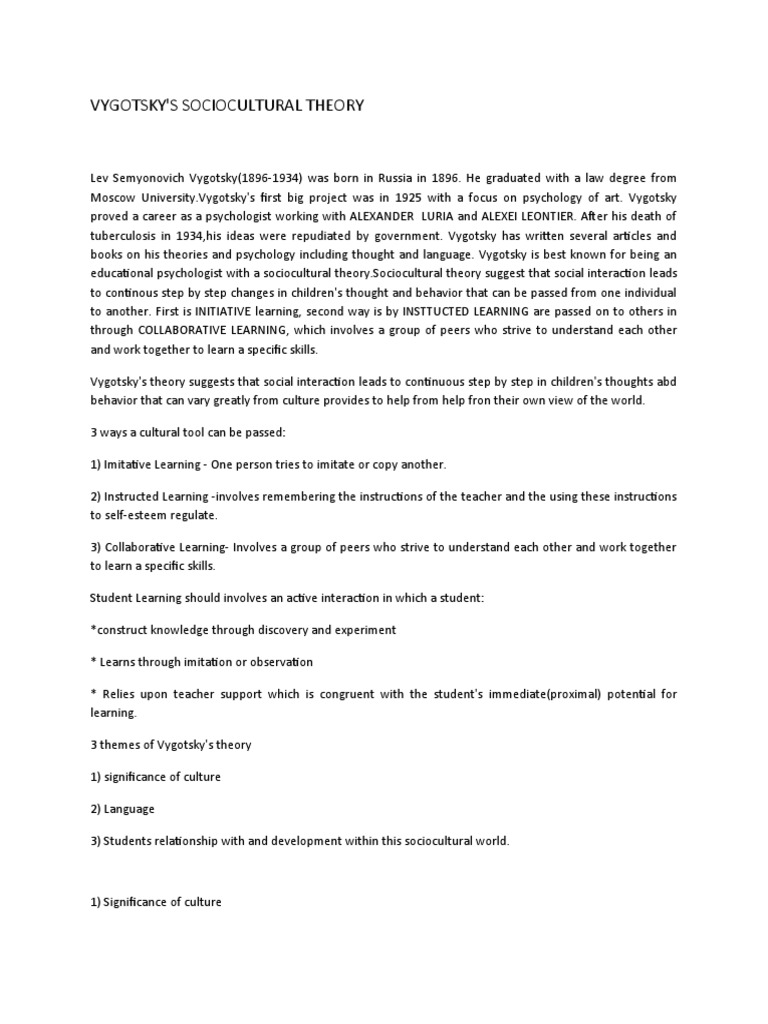 VYGOTSKY's SOCIOCULTURAL THEORY | PDF | Learning | Thought