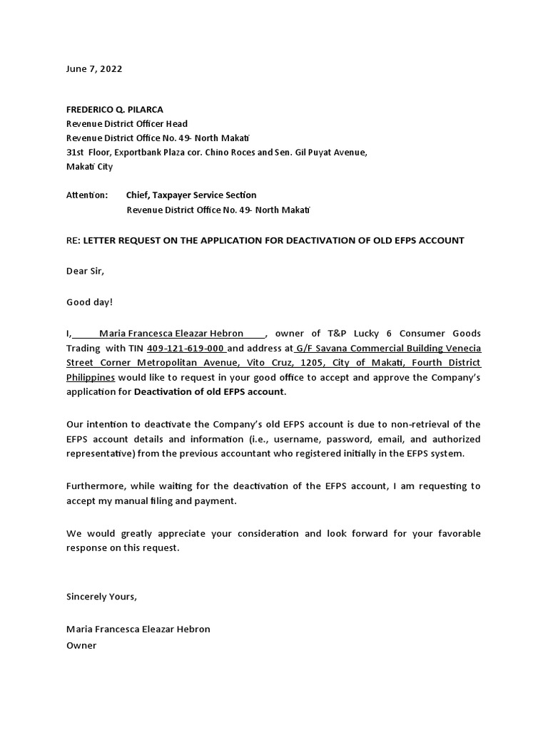 Request for EFPS Account Deactivation | PDF