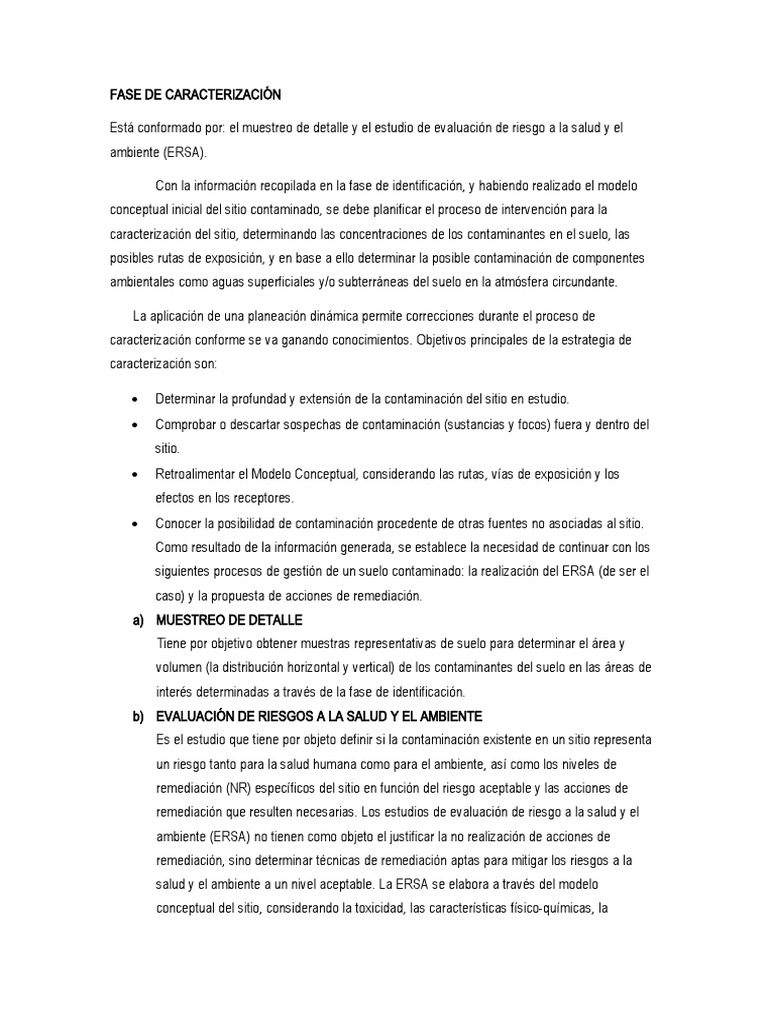 FASE DE CARACTERIZACIÓN | PDF | Remediación Ambiental | Contaminación