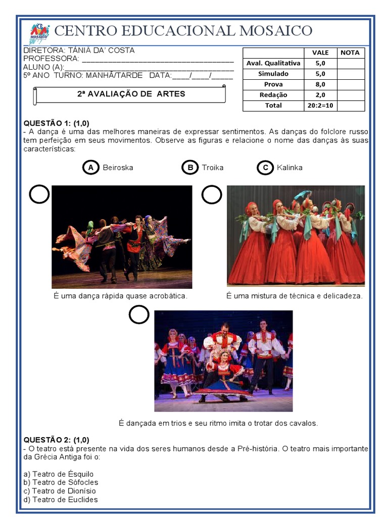 Avaliação de Artes para 5º Ano | PDF | Teatro | Danças