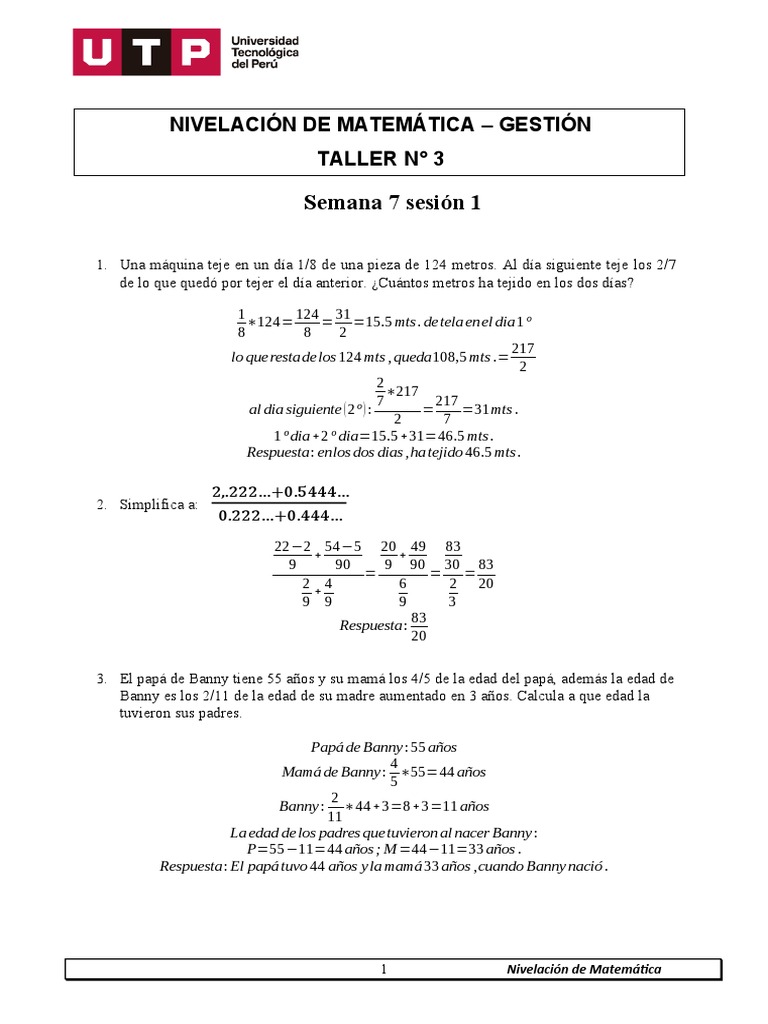 Semana 7 Sesión 1 Taller Matematicas | PDF | Matemáticas