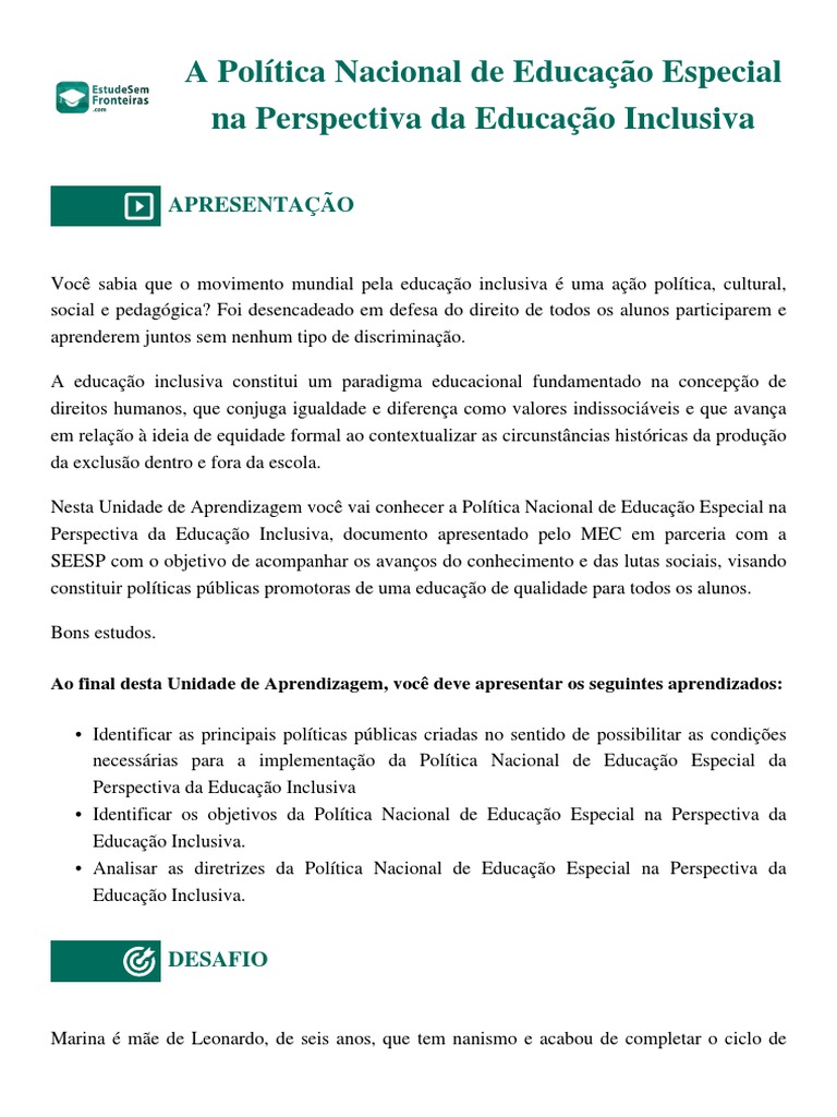 1 A Política Nacional de Educação Especial Na Perspectiva Da Educação ...