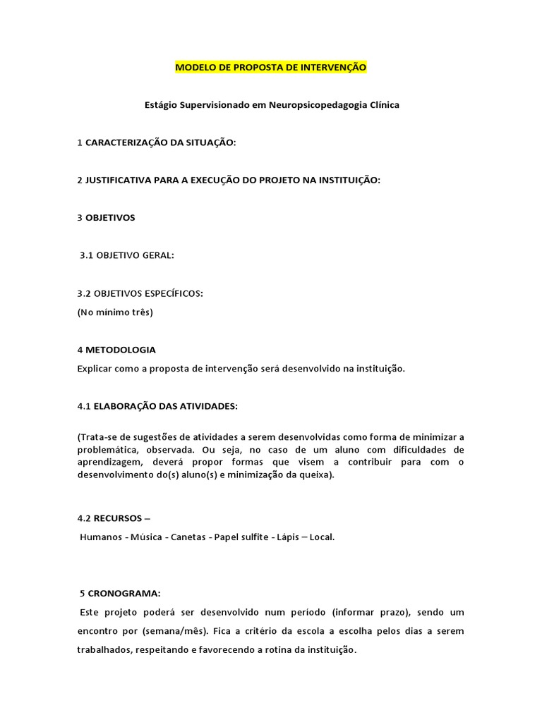 MODELO DE PROPOSTA DE INTERVENCAO Neuropsicopedagogia | PDF