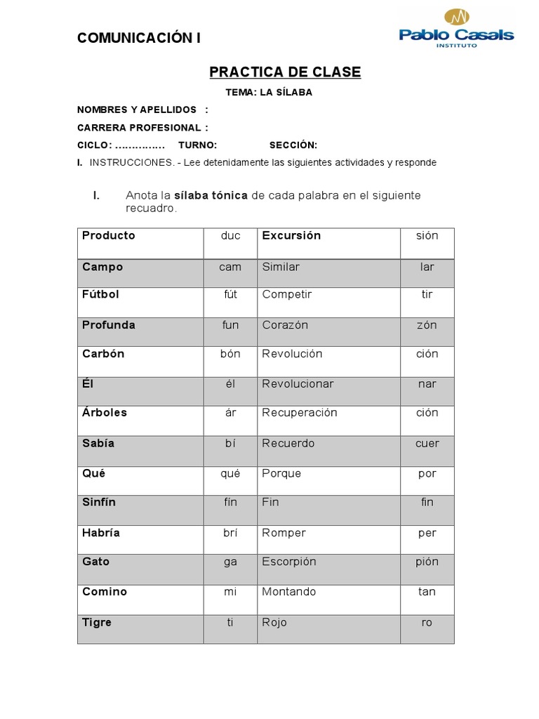 Ejercicios de Sílaba Tónica para Primaria | PDF | Estrés (lingüística ...