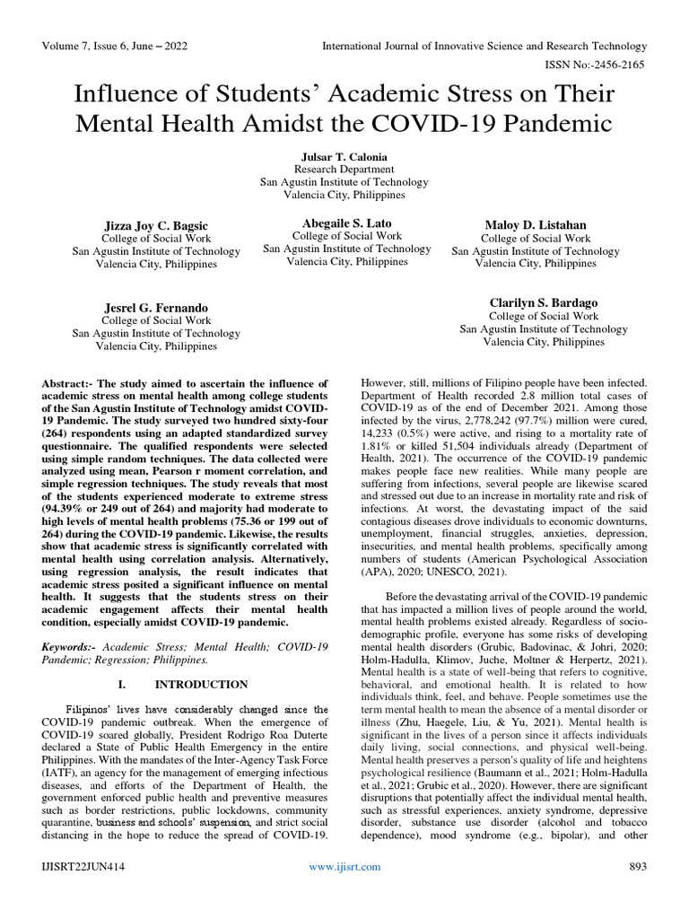 Academic Stress and Mental Health in Students | PDF | Mental Disorder ...