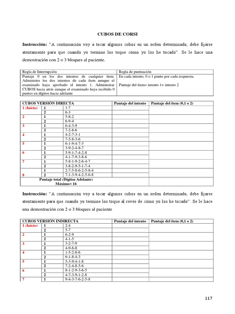 Instrucciones para el Test de Corsi | PDF | Métodos y materiales de ...
