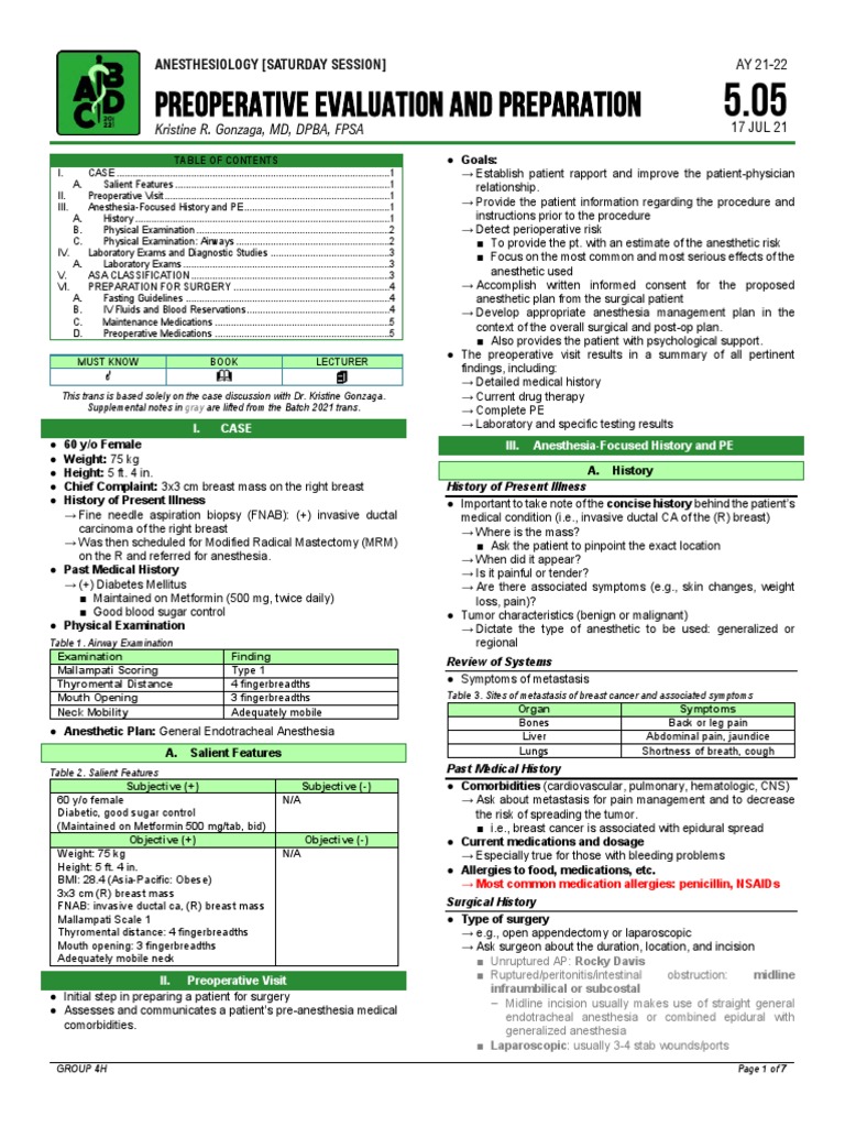 Preoperative Anesthesia Evaluation Guide | PDF | Anesthesia | Surgery