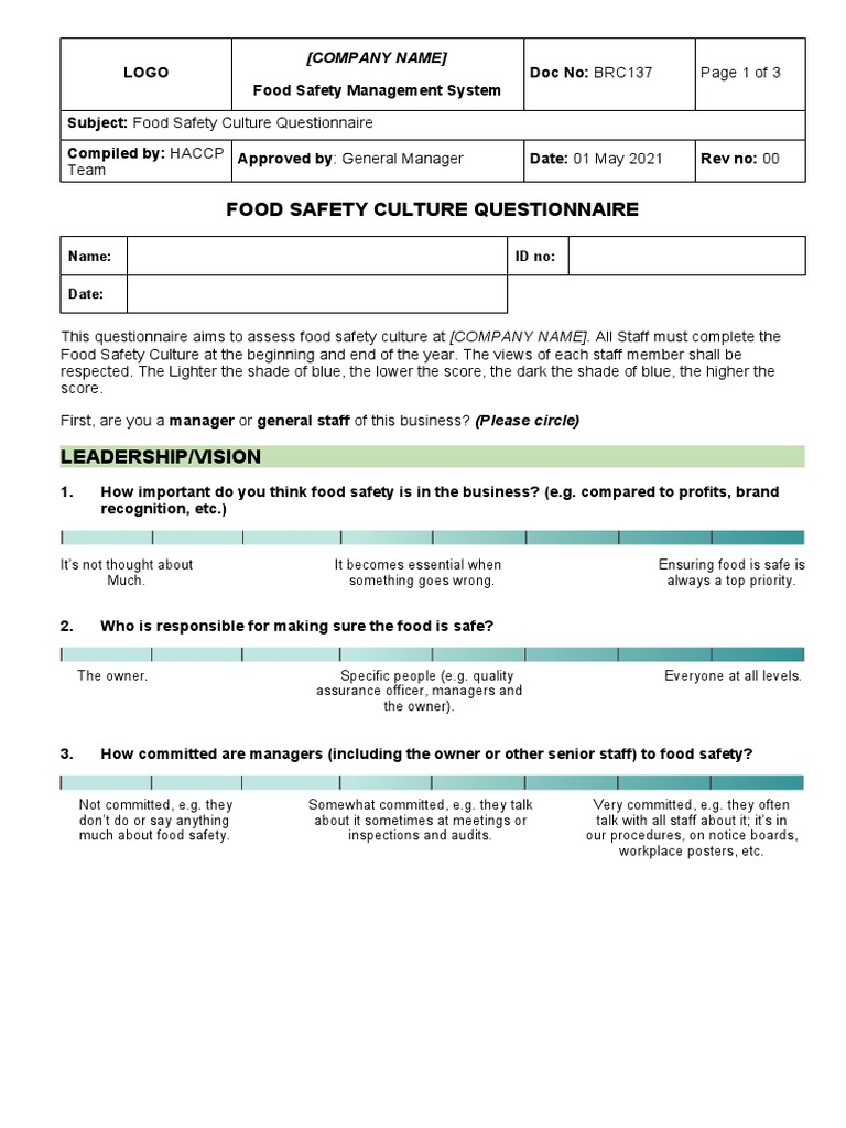 Food Safety Culture Assessment Questionnaire | PDF | Food Safety | Foods