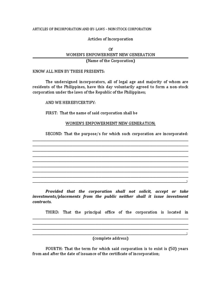 ArticlesofIncorporationandBylawsnonstockcorporation PDF