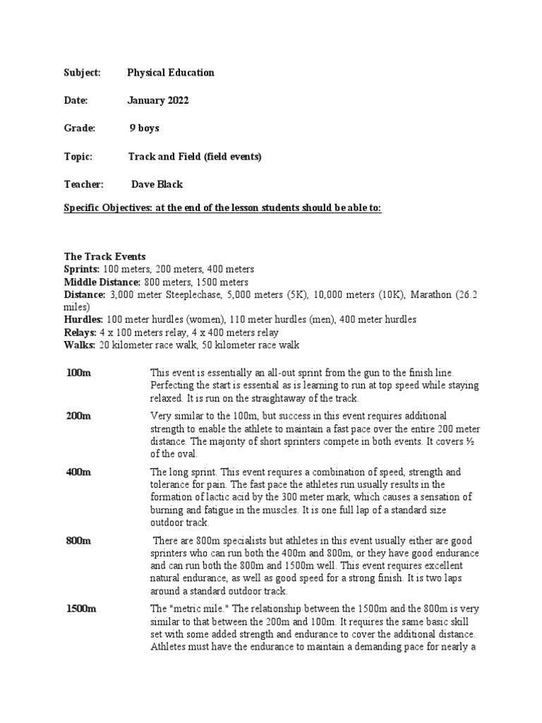 Grade 9 Boys Track and Field (Field Events) PDF Track And Field