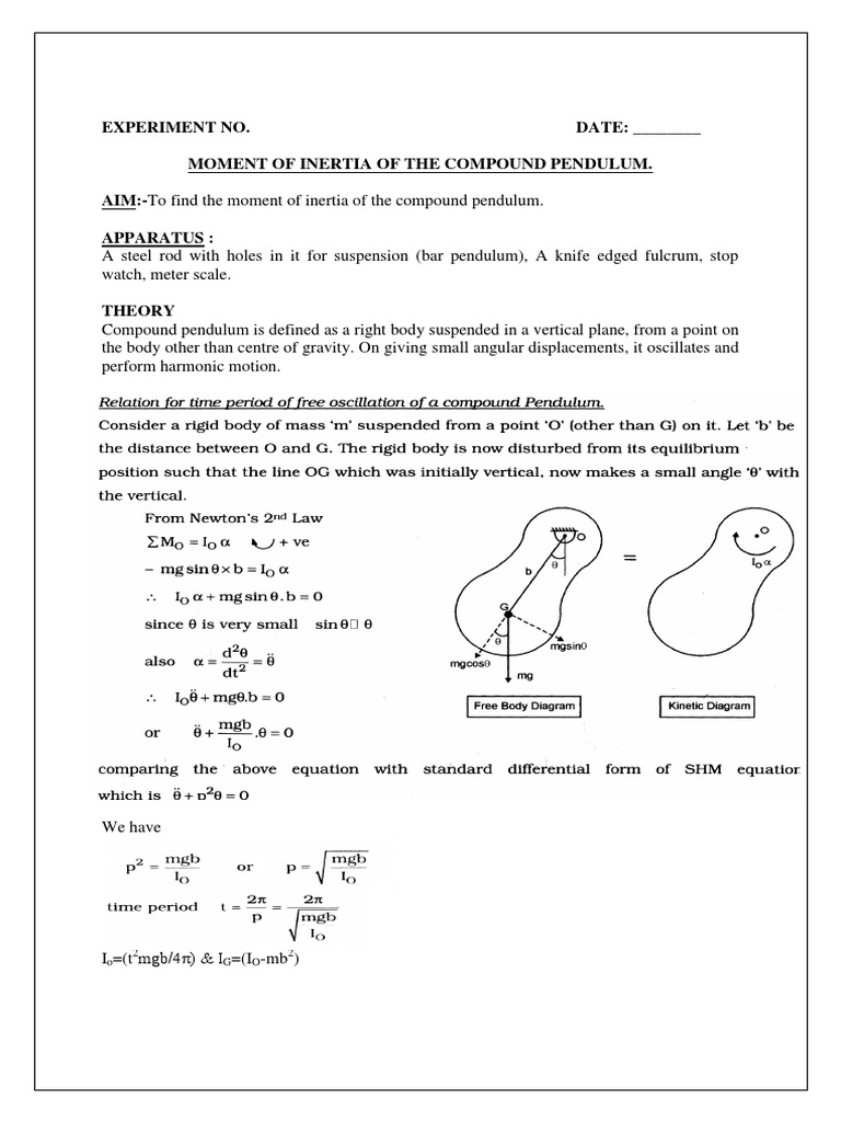 Experiment No. DATE Moment of Inertia of The Compound Pendulum. AIM
