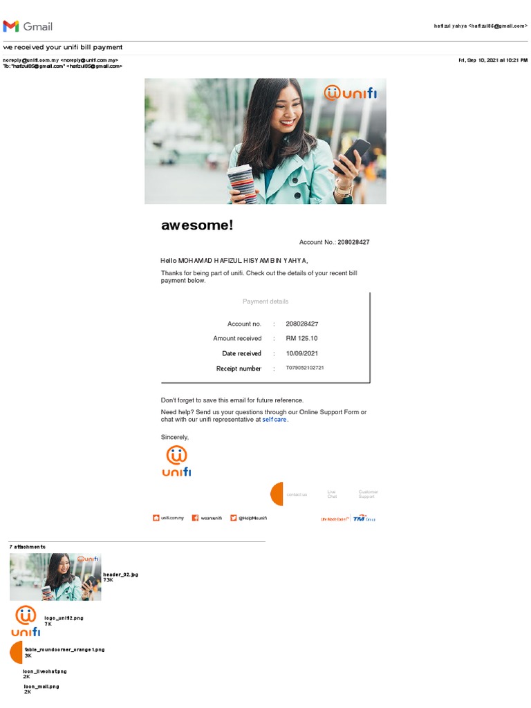 Unifi Bill Payment Confirmation Email | PDF | Service Industries ...