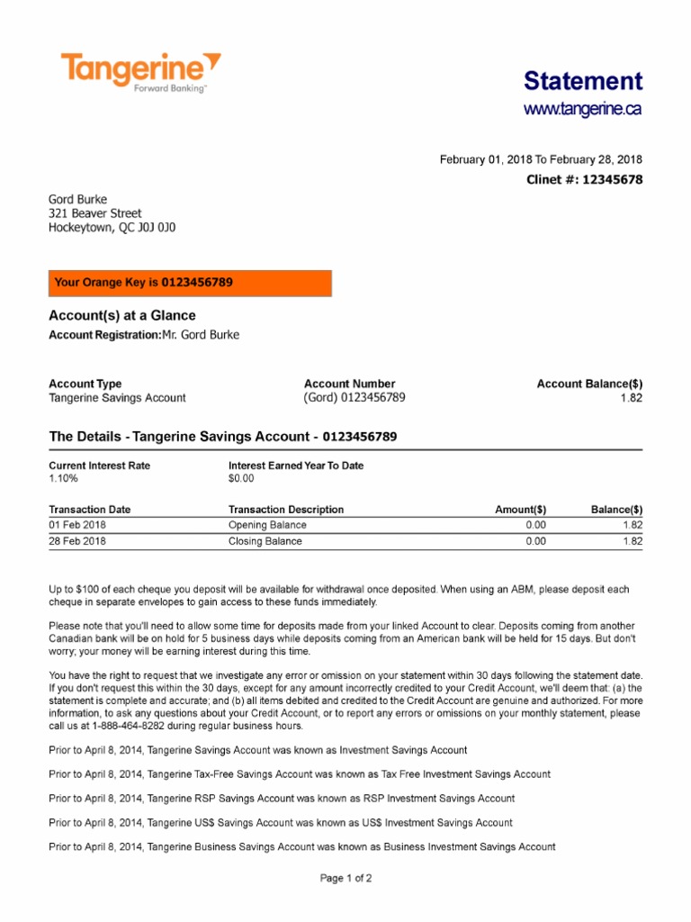 Tangerine Bank Statement PDF