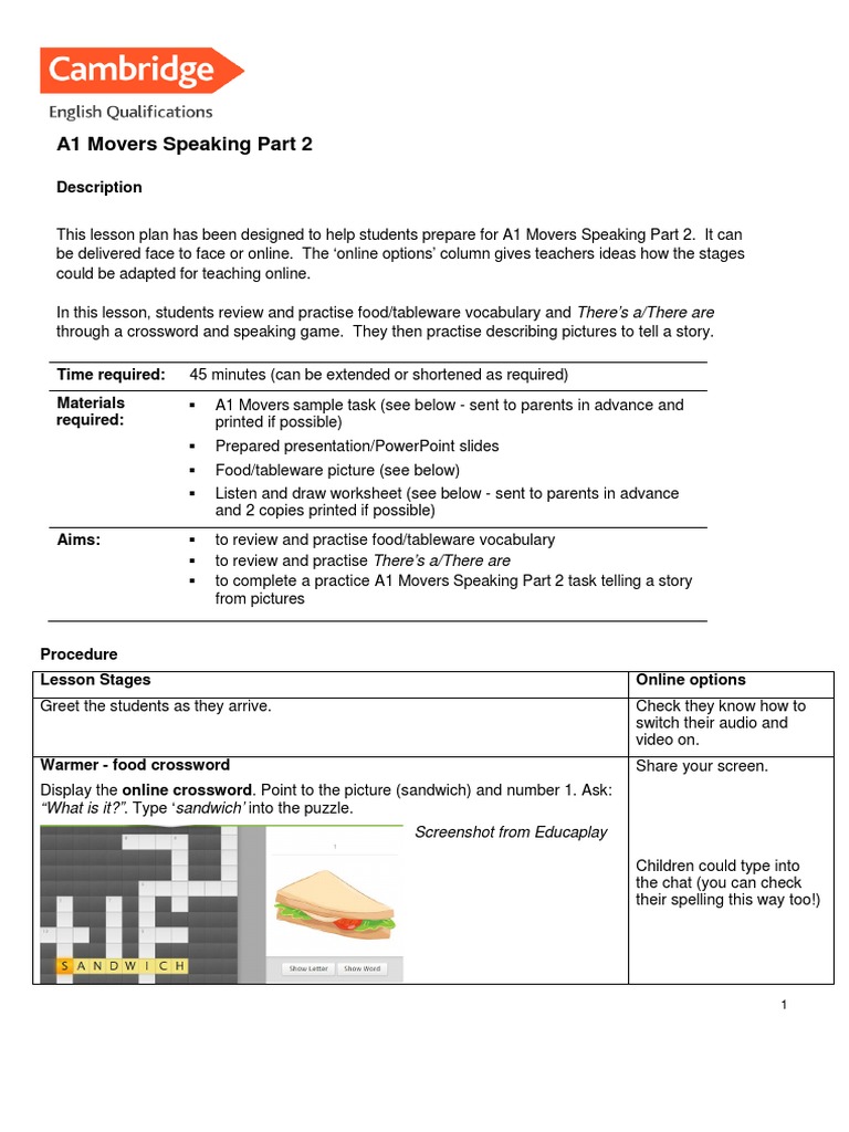 A1 Movers Speaking Part 2 Description PDF Crossword Linguistics