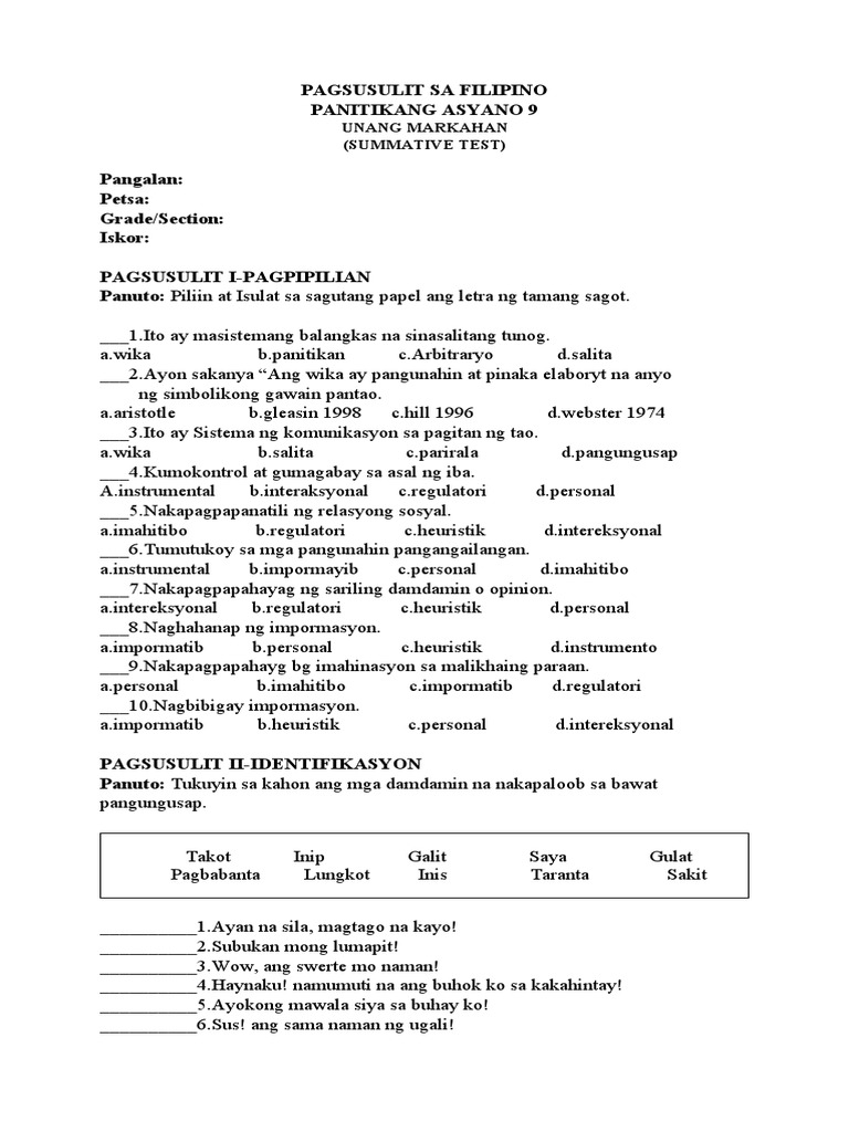 Pagsusulit Sa Filipino 9 | PDF