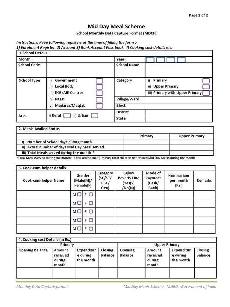 Mid day meal scheme school monthly data capture format mdcf pdf