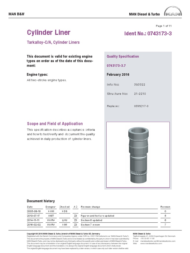 Cylinder Liner Quality Specification PDF Specification (Technical