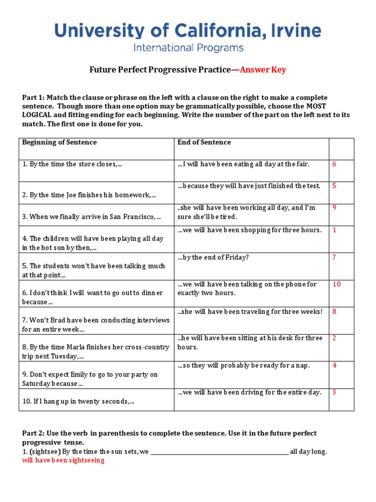 Future Perfect Progressive Exercises Answer Key | PDF | Verb | Question