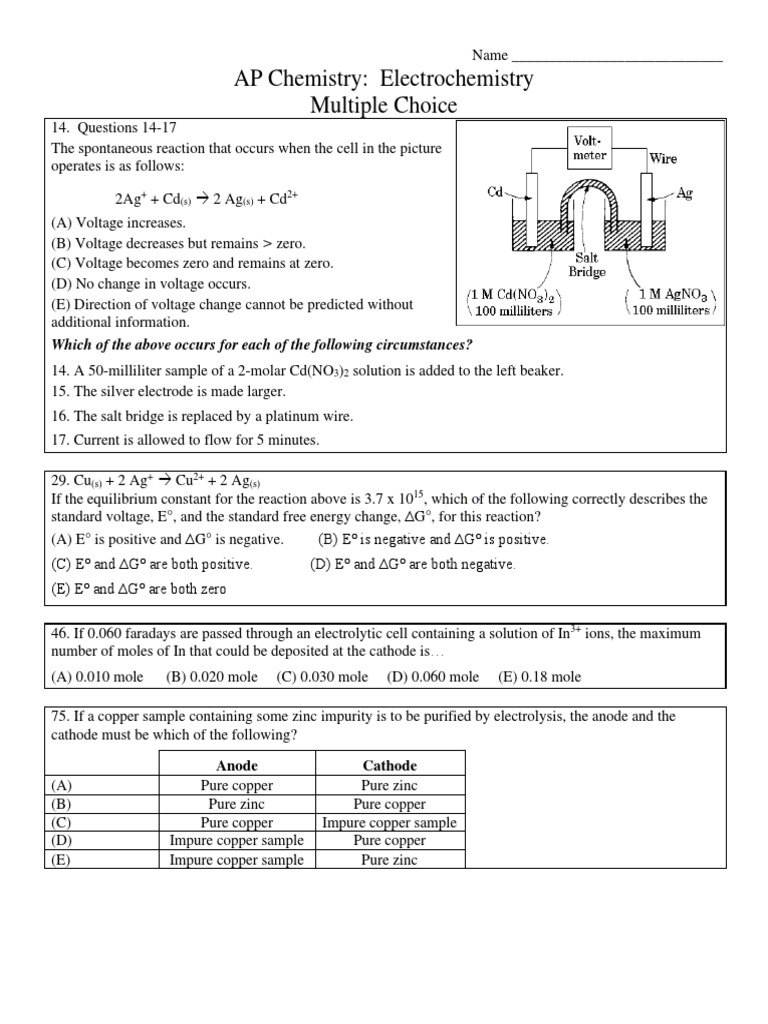 AP Chemistry Electrochemistry Multiple Choice Which of The Above