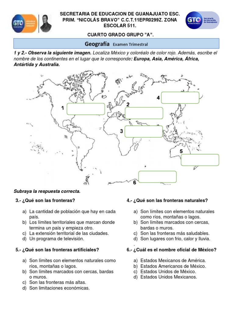 Examen de Geografía para Cuarto Grado | PDF | México | Clima