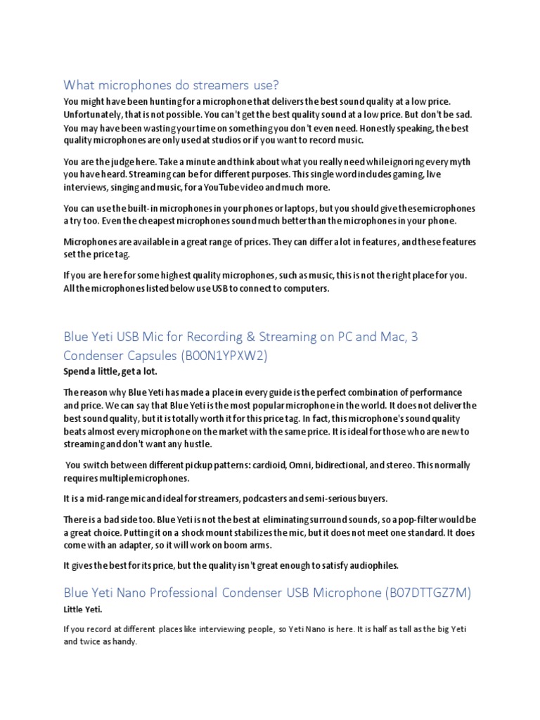 What Microphones Do Streamers Use PDF Microphone Sound