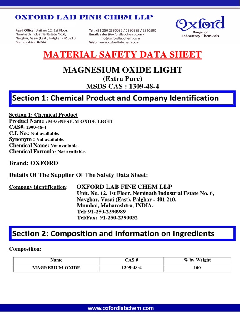 MSDS MAGNESIUM OXIDE LIGHT (Extra Pure) PDF Toxicity Water