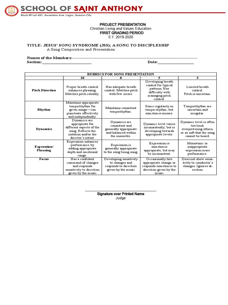 Project Presentation Christian Living and Values Education First