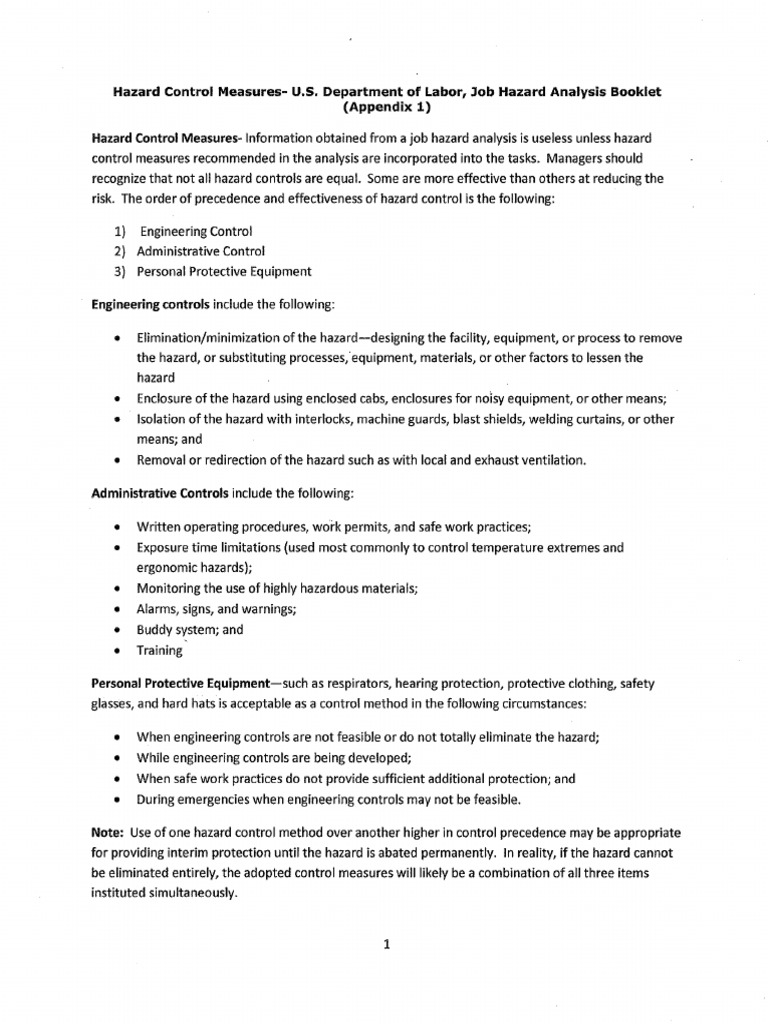 Hazard Control MeasuresU.S. Department of Labor, Job Hazard Analysis