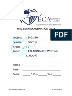 Mid Term Examination 2022: Subject: English Teacher: Cynthy Grade: 7 Paper: 1 Reading and Writing (1 HOUR)
