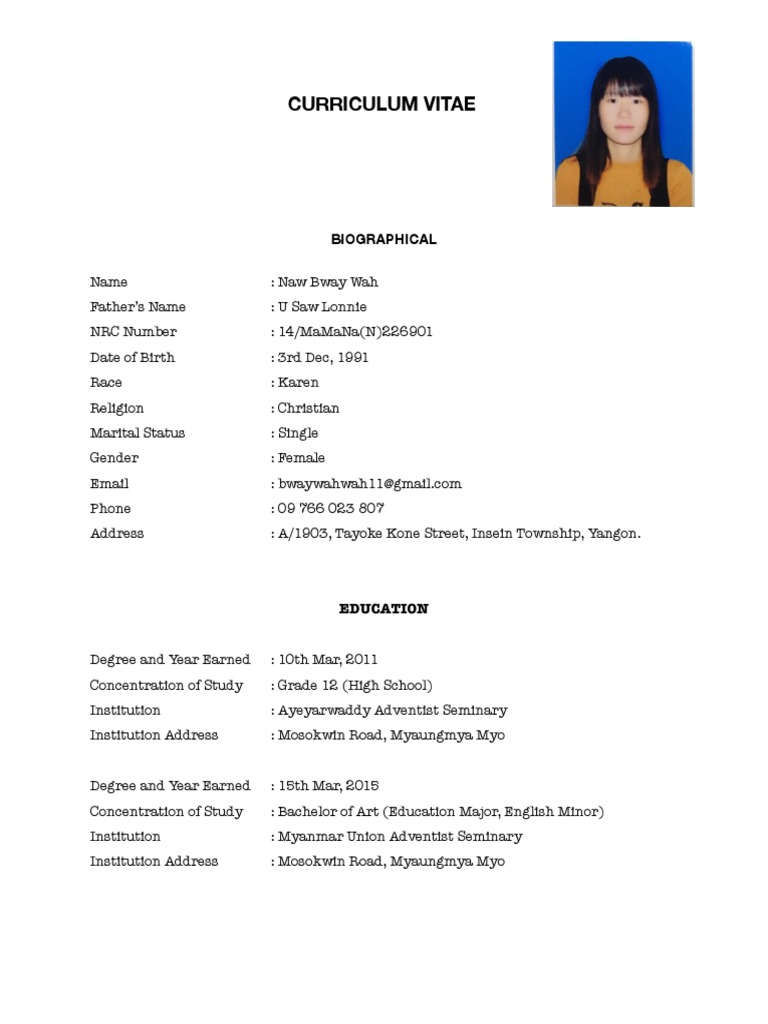 Naw Bway Wah's Professional CV | PDF | Teachers | Curriculum