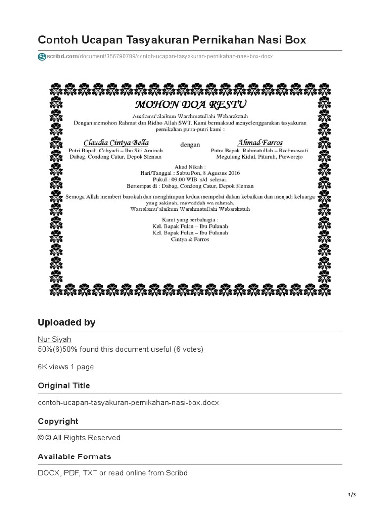 Contoh Ucapan Tasyakuran Pernikahan Nasi Box | PDF