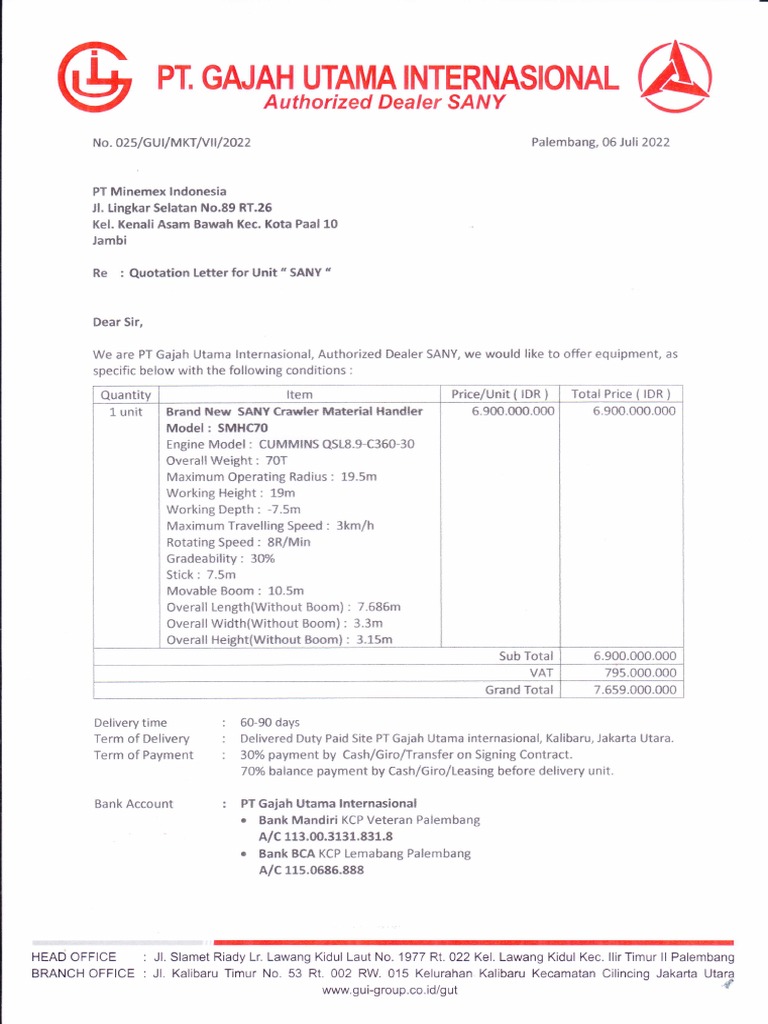 Quotation SMHC70 # PT Minemex Indonesia | PDF | Law Of Obligations ...