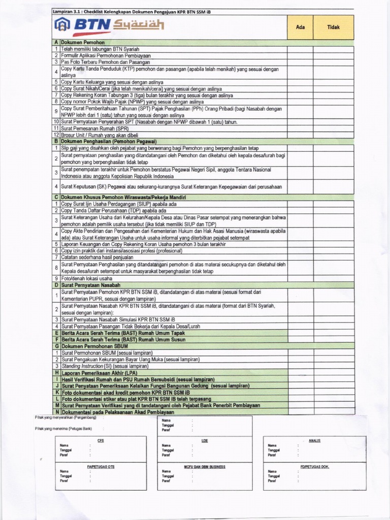 Checklist Kelengkapan Dokumen Pengajuan KPR BTN SSM Ib PDF
