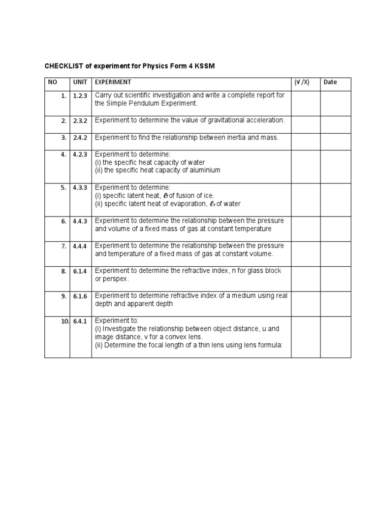 Physics Form 4 KSSM Experiment Checklist | PDF
