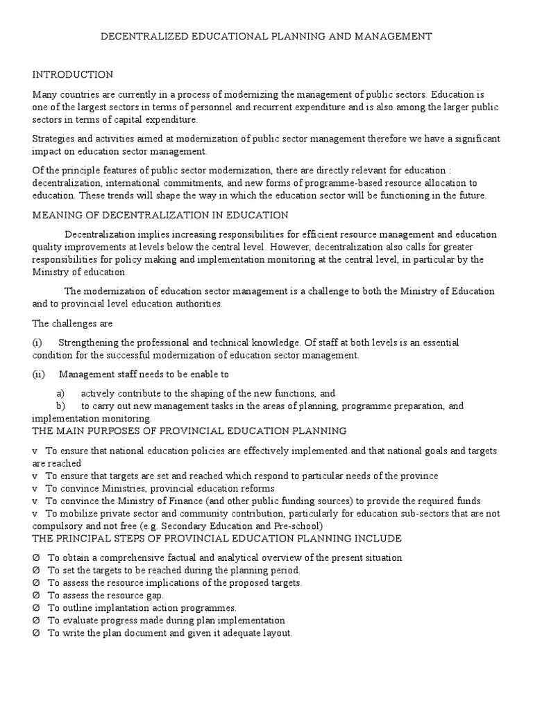 DECENTRALIZED EDUCATIONAL PLANNING AND MANAGEMENT PDF